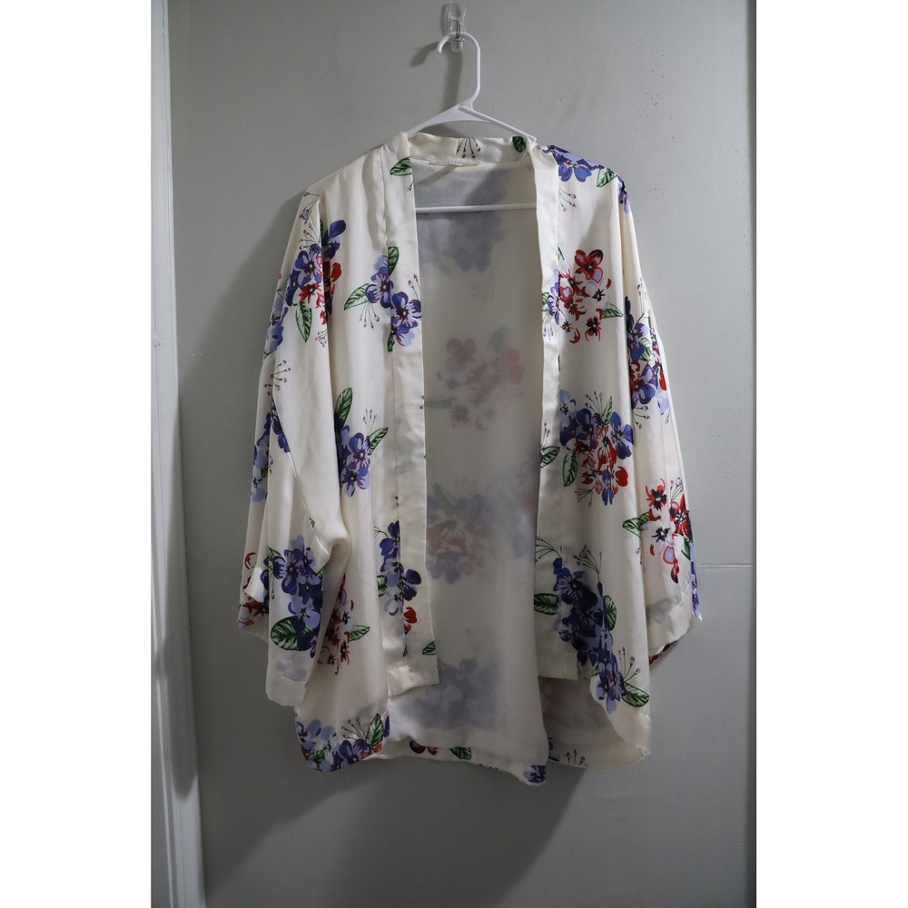 Violet + Claire Kimono‎ Jacket Floral Print Ivory Purple Red Blue XL